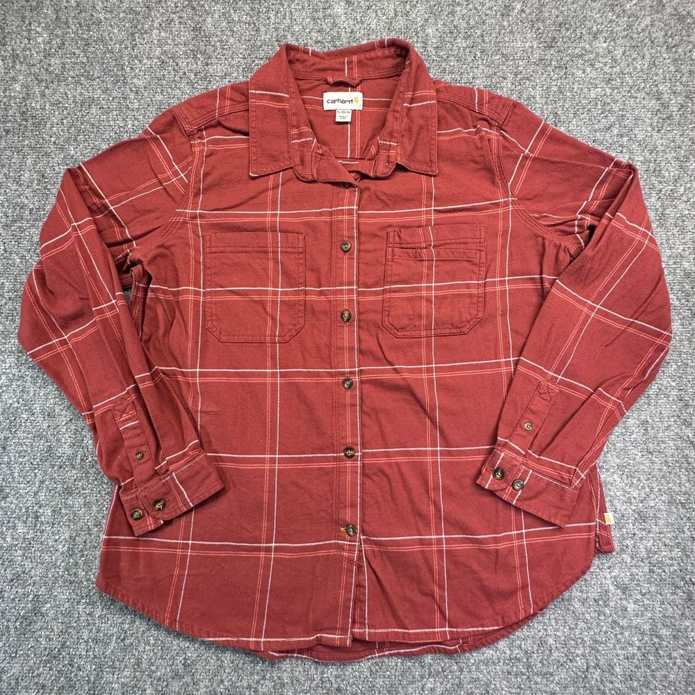 Carhartt‎ Women's Plaid Flannel Shirt Red Brown White Grid Long Sleeve XL